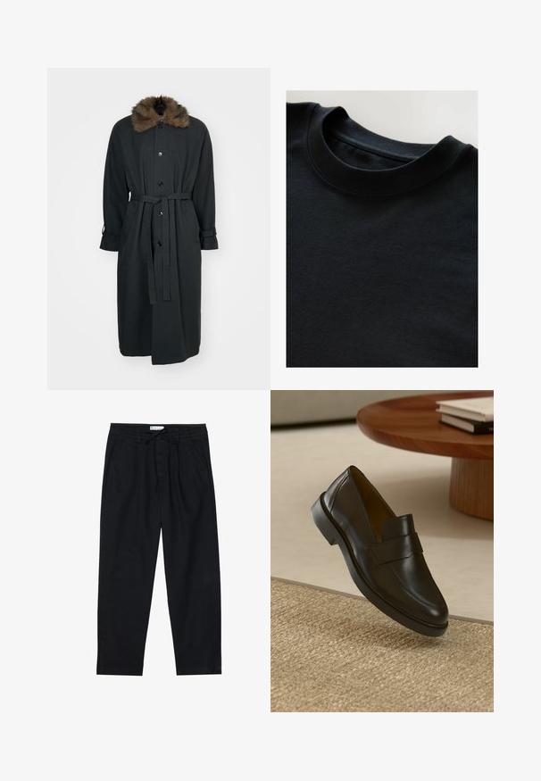 Pitkä musta takki, jossa on turkiskaulus, etupainike suljenta, vyötärölle solmittava vyö ja käänteet. Tehty sileästä kankaasta.; Musta crewneck-t-paita, jossa on pehmeä teksturoitu kangas, lyhyet hihat ja sileä pääntie. Yksinkertainen muotoilu, ilman kuvioita tai printtejä.; Pier One Chinot - black; Musta nahkakengät, joissa on sileä pinta, pyöreä kärki ja koristeellinen hihna yläosassa. Matala kuminen korko, joka on asetettu tekstuuripinnalle.