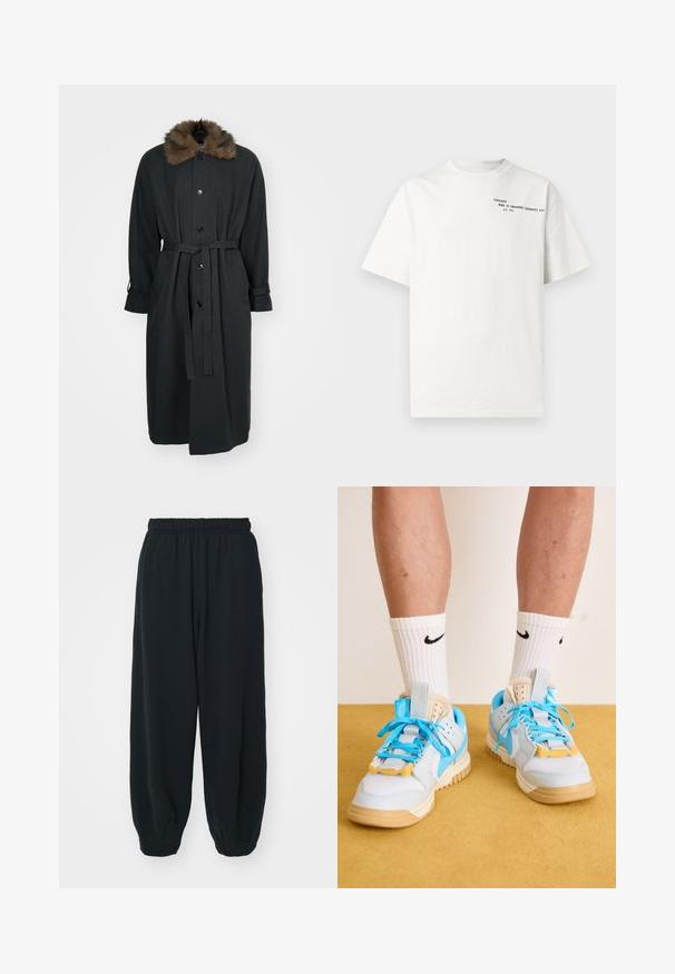 Lungo cappotto nero con colletto di pelliccia, dotato di chiusura anteriore con bottoni, vita con cintura e polsini arrotolati. Realizzato in un tessuto liscio.; T-shirt bianca in cotone con maniche corte, scollo rotondo e testo stampato nero sul petto con la scritta "Carhartt Work in Progress 1989."; Pantaloni da jogging neri con vita elasticizzata, dalla vestibilità morbida, caviglie a costina, texture liscia e senza motivi visibili o dettagli in metallo.; Sneaker azzurri chiari con suole beige, dotati di stringhe turchesi prominenti e accenti gialli. Materiali testurizzati e ammortizzazione d'aria visibile.