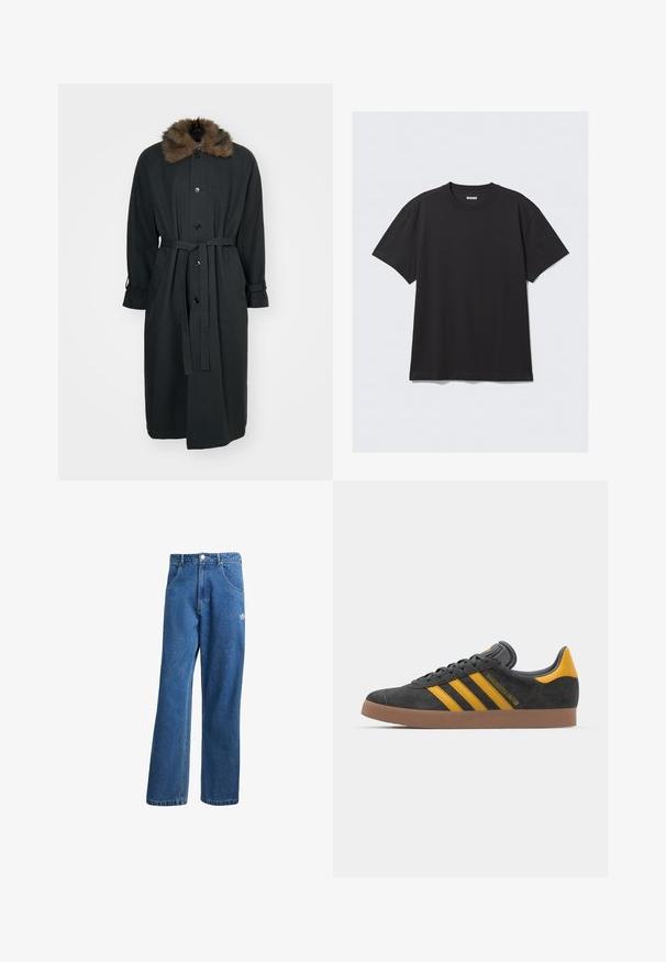 Long manteau noir avec col en fourrure, doté d'une fermeture à boutons sur le devant, d'une taille ceinturée et de poignets roulés. Fabriqué dans un tissu lisse.; T-shirt noir à manches courtes en coton. Il présente un col rond et une coupe décontractée. Design simple sans motifs ni accents visibles.; Jean en denim bleu taille haute, jambes larges, avec poches avant, passants de ceinture, fermeture à bouton et petit logo Adidas sur la cuisse droite.; Baskets en suede noir avec des accents jaunes, présentant trois rayures et une semelle en caoutchouc marron. Comprend une languette rembourrée pour le confort.