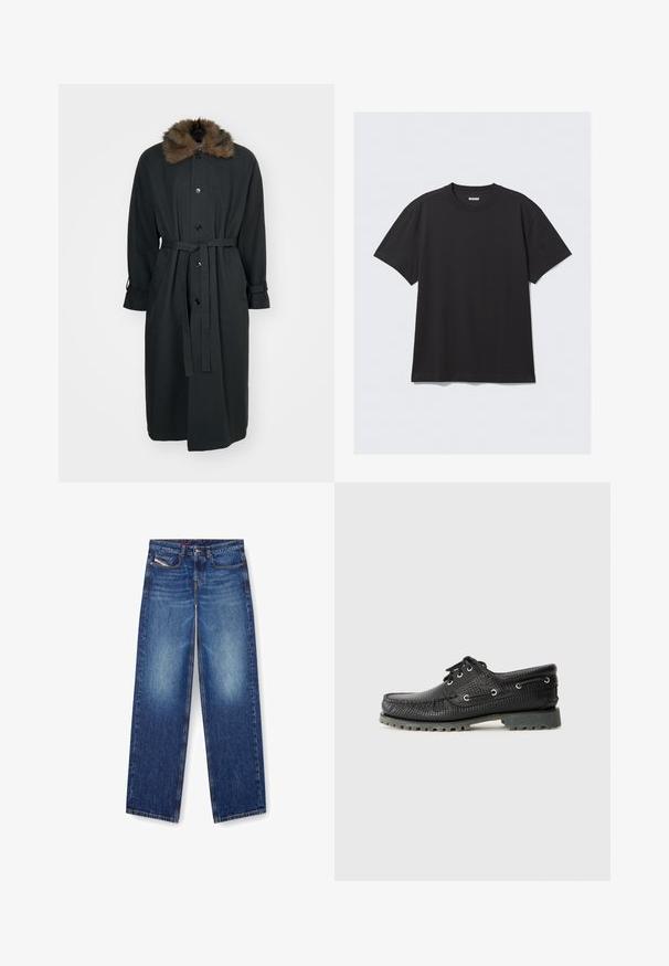 Lang svart frakk med pelskrage, med frontknapplukking, belte i midjen og rullede mansjetter. Laget av et glatt stoff.; Svart kortermet t-skjorte laget av bomull. Har rund hals og en avslappet passform. Enkelt design uten synlige mønstre eller aksenter.; Blå denimjeans med rett ben-design, som har frontlommer og glidelås. Falmede områder på lårene fremhever teksturen.; Svart teksturert snøresko med rund tå, metallhull og en ruglet grå gummisåle. Har et vevd mønster på overdelen.
