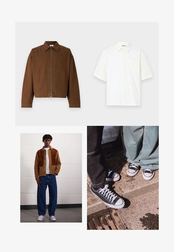 Brown zip-up jacket with a collar, featuring long sleeves, side pockets, and a cropped design in a smooth, textured fabric.; Short-sleeve, button-up shirt in off-white cotton. Features a collar and a left chest pocket with a simple design and soft texture.; Man standing indoors wearing a brown corduroy jacket with rust patches, white t-shirt, loose blue jeans, and white sneakers.; Black canvas low-top sneakers with white rubber toe caps and laces, paired with wide green denim pants, on a textured stone surface.