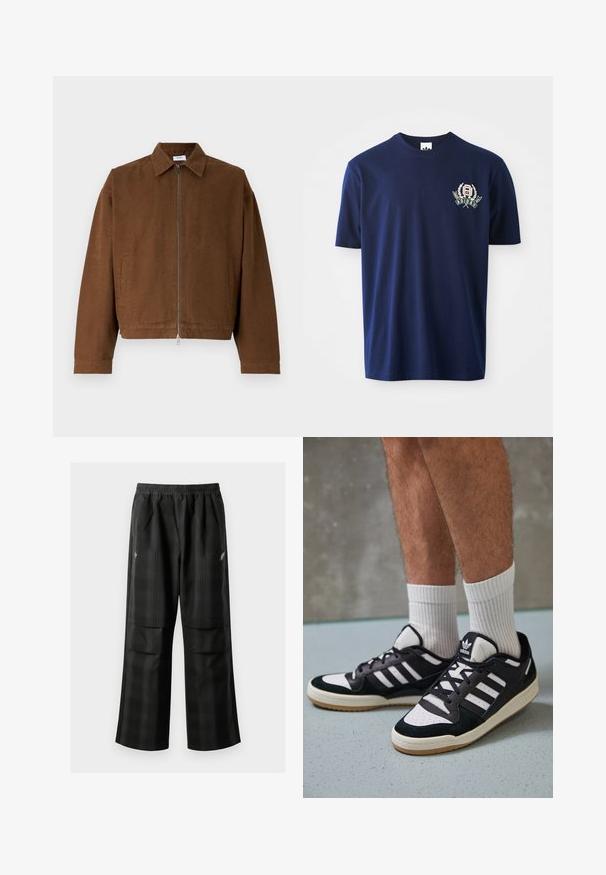 Rjava jakna z zadrgo in ovratnikom, z dolgimi rokavi, stranskimi žepi in skrajšanim dizajnom v gladkem, strukturiranem materialu.; Temno modra bombažna majica s kratkimi rokavi, okroglim ovratnikom in vezenim logotipom z lovorovimi poudarki na levi strani prsnega koša.; Črne karirane hlače z elastičnim pasom, dvema sprednjima žepoma in ohlapnim krojem s pravimi nogavicami. Narejene so iz lahke tkanine.; Črno-bele superge z zgornjim delom iz usnja in nubuka, ki imajo tri bele črte, perforiran vrh prstov in podplat iz gume.