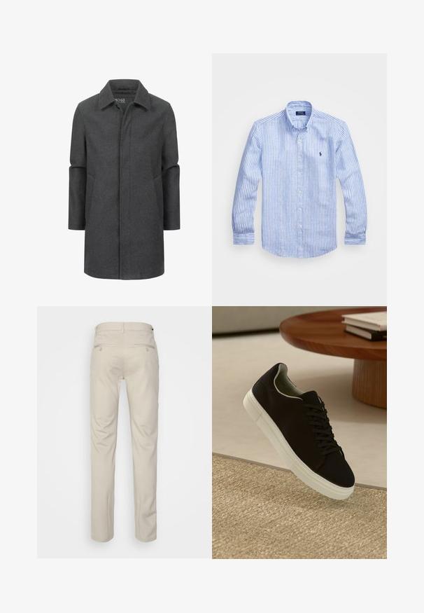 Manteau en laine grise avec un col classique, design mi-long, poches latérales et une texture subtile. Fermeture avant sans attaches visibles.; Chemise à rayures bleues et blanches à manches longues en coton, dotée d'un col boutonné, de boutons sur le devant et d'un petit logo brodé sur la poitrine.; Pantalon beige avec une texture lisse, coupe droite, deux poches arrière avec boutons, et une taille standard.; Baskets noires avec semelle blanche flottant au-dessus d'un tapis texturé beige, près d'une table en bois ronde avec des livres empilés.