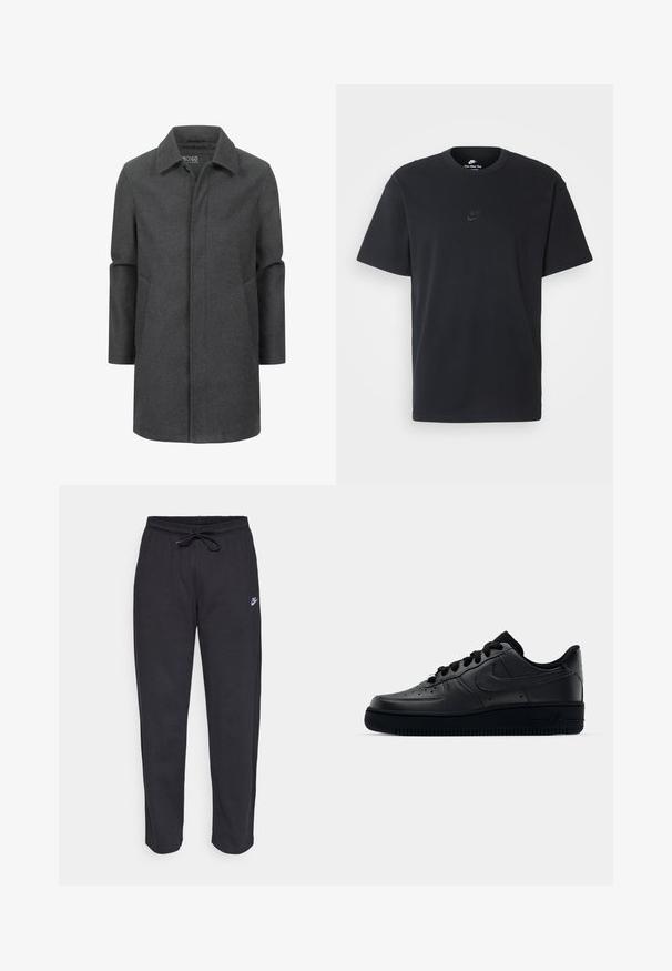 Gray wool coat with a classic collar, mid-length design, side pockets, and a subtle texture. Closed front with no visible fasteners.; Nike black cotton t-shirt with a classic crew neck, short sleeves, and a subtle, embossed logo on the chest. Smooth texture.; Black sweatpants made of soft fabric with an elastic waistband, drawstring, and a small Nike logo on the left thigh.; Black Nike Air Force 1 sneaker with a smooth leather upper, perforated toe for breathability, black laces, and a textured rubber sole.
