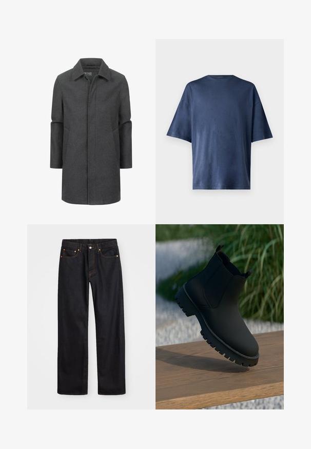Cappotto grigio in lana con un colletto classico, design di lunghezza media, tasche laterali e una texture sottile. Chiusura frontale senza chiusure visibili.; Maglietta a maniche corte blu navy, realizzata in un tessuto morbido, presenta un classico colletto girocollo e una vestibilità comoda, senza motivi o dettagli visibili.; Jeans neri in denim dritto da uomo con cinque tasche e cuciture arancioni, chiusura con bottone e zip sulla vita anteriore.; Stivale alla caviglia nero con finitura liscia, pannelli laterali elastici e una suola spessa e robusta. Ambientato su uno sfondo naturale su una superficie di legno.