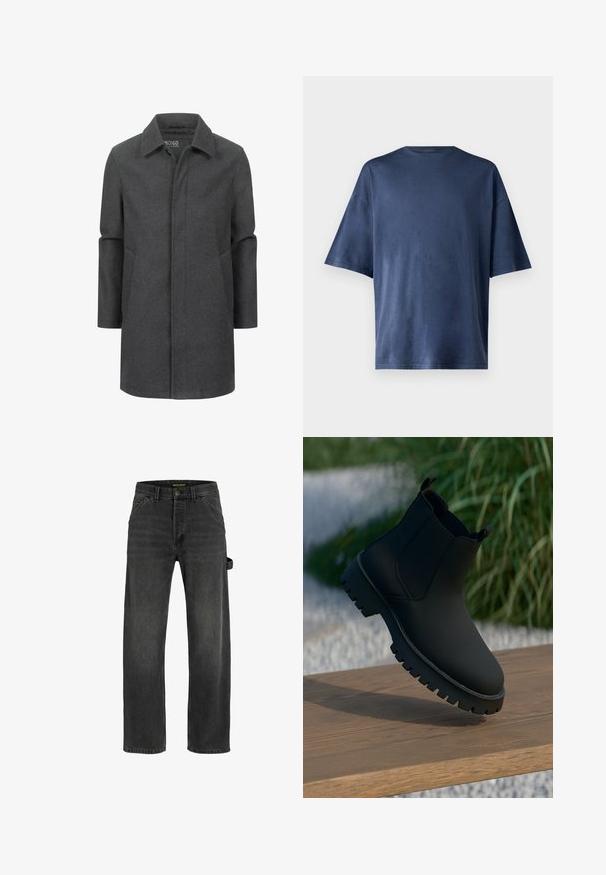 Grå uldfrakke med klassisk krave, mellemlang design, sidelommer og en subtil tekstur. Lukket front uden synlige lukninger.; Marineblå kortærmet T-shirt, lavet af blødt stof, har en klassisk rund hals og løs pasform, uden synlige mønstre eller accenter.; Mørk grå denim jeans med lige pasform, fem lommer, metalknaplukning og detaljer med sideliv.; Sort ankelstøvle med en glat overflade, elastiske sidepaneler og en tyk, robust sål. Sat mod en naturlig baggrund på en træoverflade.