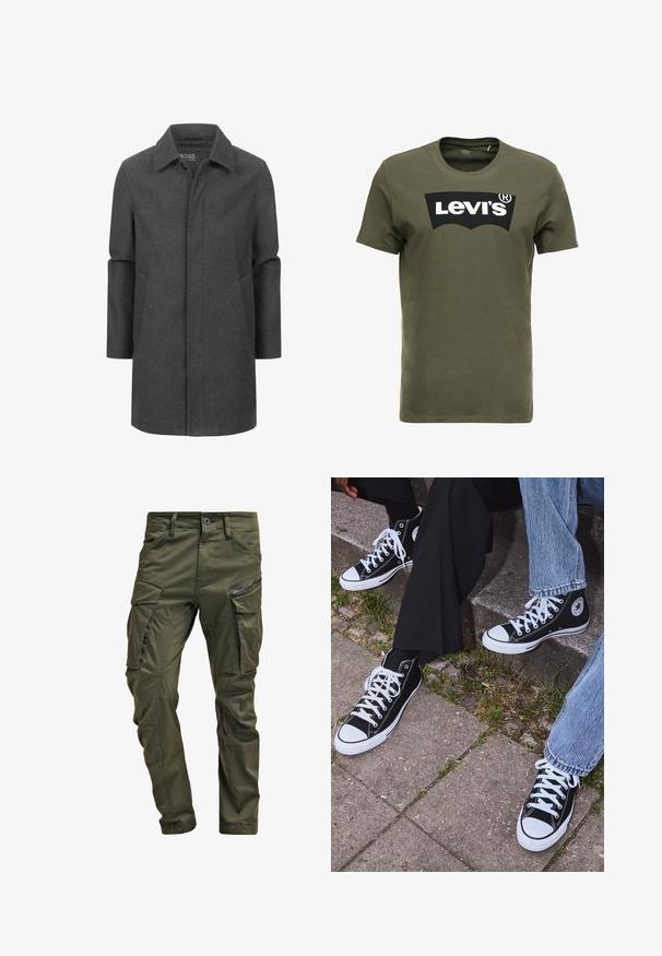 Abrigo de lana gris con un collar clásico, diseño de longitud media, bolsillos laterales y una textura sutil. Parte frontal cerrada sin cierre visible.; Camiseta de algodón verde oliva con un gran logo negro de Levi's en el frente. Cuello redondo clásico y mangas cortas, textura suave.; Pantalones cargo verde oliva hechos de algodón resistente. Cuenta con múltiples bolsillos, un bolsillo lateral con cremallera y piernas ajustadas con un acabado ligeramente texturizado.; Zapatillas de lona negras de caña alta con suelas y cordones de goma blanca, con un logo circular en el lado, combinadas con unos pantalones de mezclilla y negros.