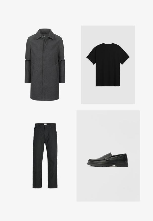 Cappotto grigio in lana con un colletto classico, design di lunghezza media, tasche laterali e una texture sottile. Chiusura frontale senza chiusure visibili.; Levi's® BOXTAB - T-shirt con stampa - boxtab in black bas; Pantaloni neri realizzati in tessuto resistente, caratterizzati da un design a gamba dritta, dettagli cuciti e due tasche frontali per la funzionalità.; Mocassini neri in pelle con una finitura liscia, parte superiore in stile mocassino, dettagli cuciti e suola in gomma. Design classico con tacco basso.