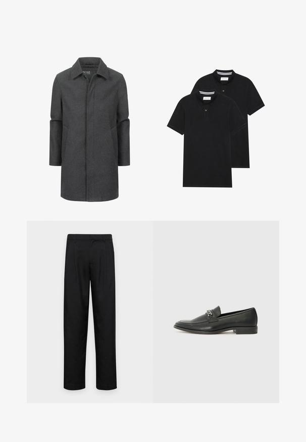 Grau Wolle Mantel mit klassischem Kragen, mittellangem Design, seitlichen Taschen und subtiler Textur. Geschlossener Front ohne sichtbare Verschlüsse.; Zwei schwarze Polohemden, kurzärmlig, aus Baumwolle, mit einem klassischen Kragen, zwei Knöpfen und weißen Streifenakzenten im Inneren des Kragens.; Schwarze Hose aus glattem Stoff, mit geradem Bein Design, zwei vorderen Falten und einem Standardbund mit Gürtelschlaufen.; Schwarzer Lederloafer mit glatter Oberfläche, ausgestattet mit einer gesteppten Gestaltung und einem dekorativen Metallkettendetail über dem Vorderblatt. Flacher Absatz.