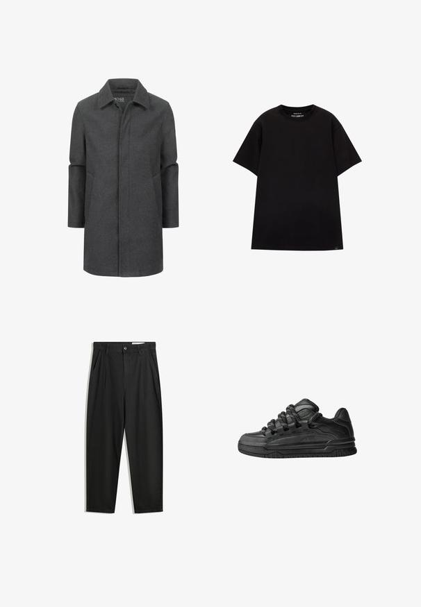 Grijze wollen jas met een klassieke kraag, middellange ontwerp, zijzakken en een subtiele textuur. Gesloten voorkant zonder zichtbare sluitingen.; PULL&BEAR JOIN LIFE - T-shirt basic - black; Zwarte katoenen broeken met een losse pasvorm, voorzien van een klassieke tailleband, voorplooien en zijzakken. Gladde structuur zonder patronen.; Zwarte sneakers met een glad leren bovenwerk, gearceerde accenten en ronde zwart-witte veters. Dikke rubberen zool met een geprofileerd loopvlak.