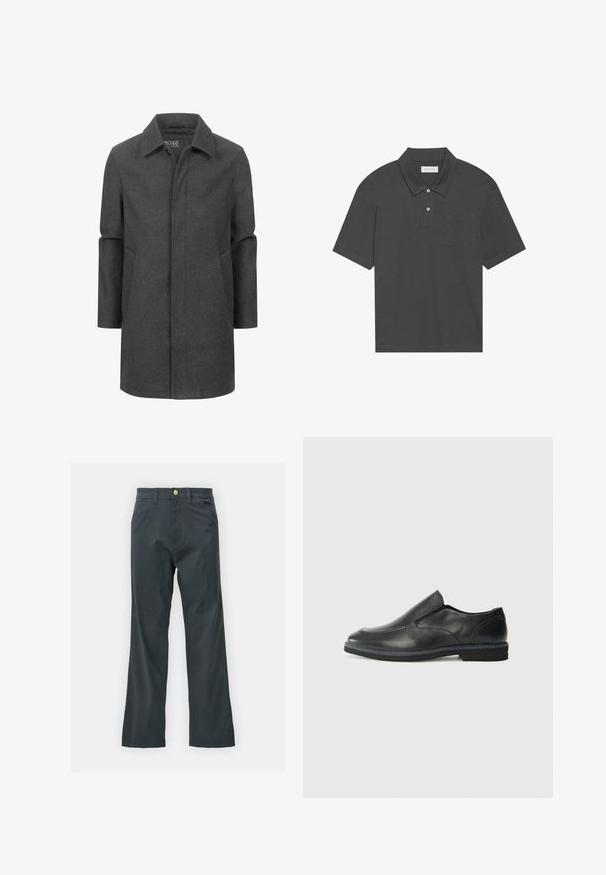 Cappotto grigio in lana con un colletto classico, design di lunghezza media, tasche laterali e una texture sottile. Chiusura frontale senza chiusure visibili.; Polo grigio scuro con colletto tradizionale, patta con tre bottoni, maniche corte e taschino a sinistra sul petto. Tessuto morbido.; Pantaloni neri con taglio dritto, realizzati in tessuto misto cotone. Presentano una chiusura con bottone metallico e tasche laterali. Nessun motivo visibile.; Scarpa nera in pelle con inserto scivolare, superiore liscio, dettagli cuciti, punta arrotondata e tacco in gomma basso. La suola presenta un battistrada minimale.