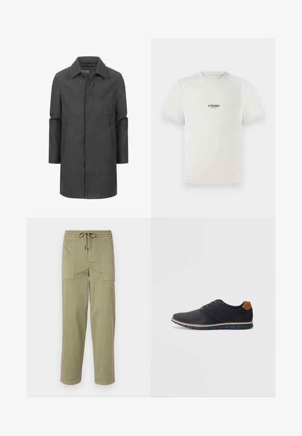Grå ullfrakk med klassisk krage, midtlengde design, sidelommer og en subtil tekstur. Lukkes foran uten synlige festemidler.; Hvit bomulls-t-skjorte med korte ermer, med en svart "JJ Studios" logo på brystet. Rund hals og standard passform.; Lys olivengrønne bukser laget av bomullsblandingsstoff, med elastisk midje og snor, samt to store sidelommer.; Sorte syntetiske sko med en teksturert overdel, glatte detaljer, brun hæl og en kontrastfarge på sålen. Har minimalt snøring og sømdetaljer.