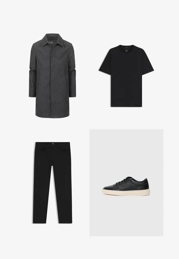 Manteau en laine grise avec un col classique, design mi-long, poches latérales et une texture subtile. Fermeture avant sans attaches visibles.; T-shirt noir à manches courtes en coton mélangé doux, avec un col rond et un design minimaliste sans motifs ni accents.; Pantalons en denim noir à coupe droite, avec une taille standard, cinq poches et une fermeture à bouton. Texture lisse sur toute la surface.; Baskets en cuir noires à tiges basses avec lacets noirs et semelle ivoire, présentées en profil latéral sur fond blanc.