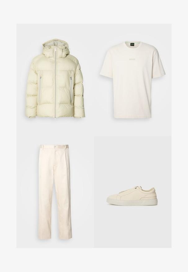 Casaco pufoso de cor creme com um colarinho alto, capuz destacável e dois bolsos laterais com zíper. Tecido texturizado e suave com costuras horizontais.; BOSS TEE - T-shirt básica - open white; Calças de algodão bege com corte reto, apresentando um fecho de botão e pregas na frente para um detalhe adicional.; Sneakers de pele bege com biqueira arredondada, design minimalista, detalhes de costura subtis e parte superior texturizada, em sola clara.