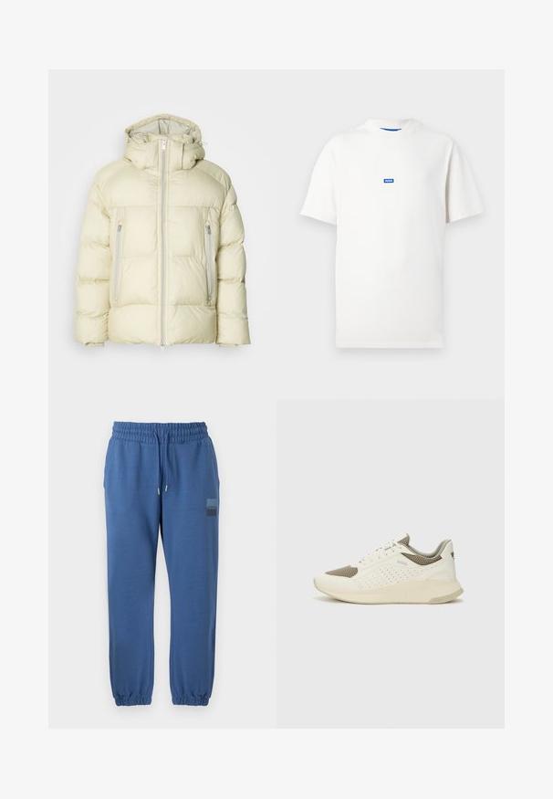 Napihnjena jakna krem barve z visokim ovratnikom, odstranljivo kapuco in dvema zadrgo zaprtima stranskima žepoma. Teksturovana, mehka tkanina z vodoravnimi šivi.; Bela majica s kratkimi rokavi z majhnim modrim pravokotnim logotipom s napisom "HUGO" v sredini prsi, enobarvna podlaga.; Modre trenirke iz mehke tkanine, ki imajo elastičen pas, vrvico in elastične manšete. Na stegnu je vključena znaka.; Beli in svetlo bež športni copat, s mrežastim zgornjim delom, perforiranimi detajli in teksturirano srednjim delom z blagovno znamko na peti.