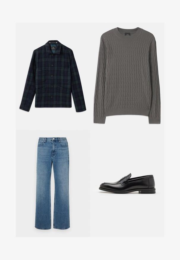 Donkergroen en marineblauw ruitjes-overhemdjasje met lange mouwen, kraag en vier voorkruisen.; Armani Exchange Trui - dark gull zig zag; Brede blauwe jeans van denim met een verouderde afwerking. Heeft vijf zakken, een sluiting met vooraan knoop en een rechte snit.; Zwarte leren instappers met een gladde textuur, ronde neus en een decoratieve band over de wreef. Lage, gestapelde hak en minimalistisch ontwerp.