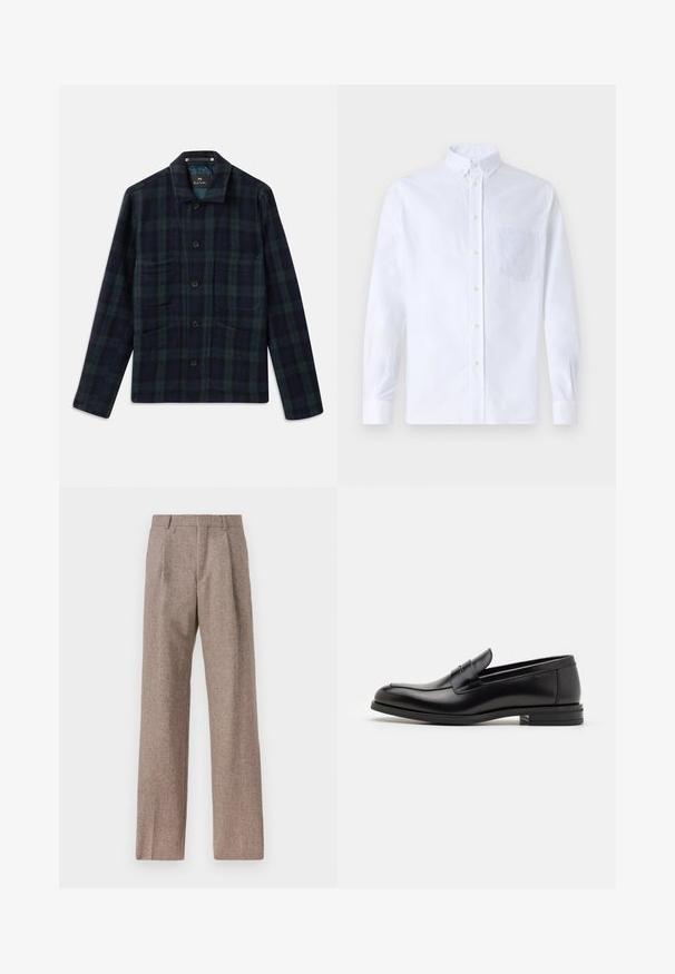 Tamsiai žalia ir tamsiai mėlyna languota mygtukų striukė su ilgomis rankovėmis, apykakle ir keturiomis priekinėmis kišenėmis.; Balta ilga rankovė mygtukų marškiniai, pagaminti iš medvilnės, su krūtine kišene ir toniniu siuvinėjimu, apykakle ir mygtukų apvadu.; Rudos, aukšto liemens kelnes, pagamintas iš tekstūruotos medžiagos. Plati kojos, dvi priekinės klostės struktūrai. Tvarkingas apdailos darbai, be matomų detalių.; Juodos odinės loafers, turinčios lygų paviršių, apvalią noselę ir dekoratyvinę juostą per priekinę dalį. Žemas krentantis kulnas, minimalistinis dizainas.