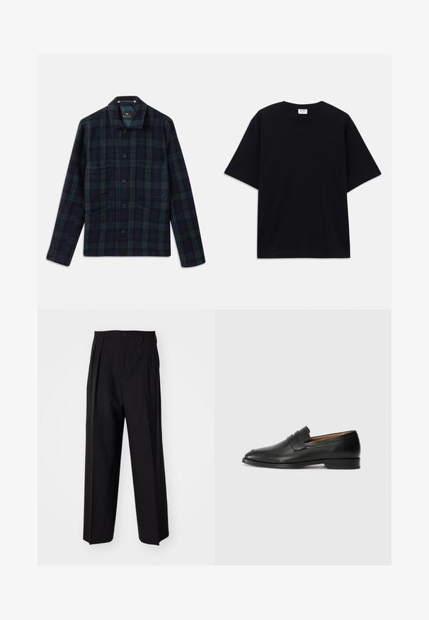 Tumši zaļš un tumši zilas pārsēdīšana ar pogām, garām piedurknēm, apkakli un četrām priekšējām kabatām.; Melns īsām piedurknēm oversize T-krekls ar apaļu kakla izgriezumu un redzamu Filippa K zīmola birku iekškaklā.; Melnas plisētās bikses ar taisnu, plata kāja dizainu. Izgatavotas no gludas auduma, ar pogu aizdari un jostas cilpiņām.; Melnas ādas loafers ar noapaļotu purngala formu, smalku izšuvumu un zemu papēdi, piedāvājot gludu tekstūru un minimālistisku dizainu.