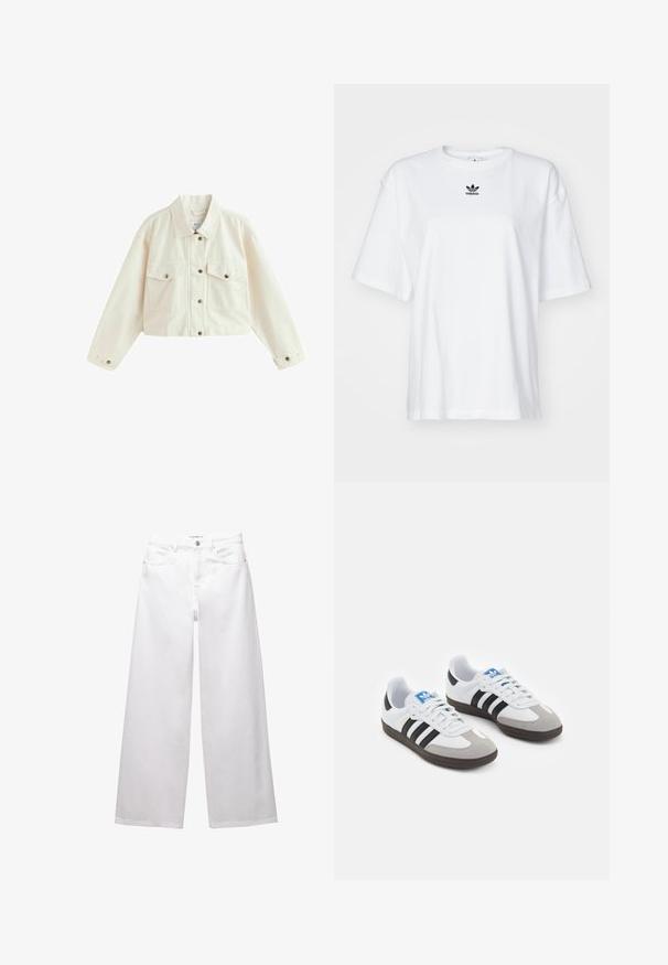 Afskåret hvid denimjakke med spidse krave, to brystlommer og knaplukninger med metal accenter.; Hvid kortærmet t-shirt lavet af bomuld. Har en rund halsudskæring og et lille sort Adidas-logo på brystet. Lige skåret kant.; Hvide brede ben jeans lavet af denim. Har knaplukning, front- og baglommer samt syede sømme. Glat tekstur med minimal detaljering.; Sportsko med en overdel i hvid læder, grå ruskind på tåen og tre sorte striber. Har et blåt logo på tungen og en struktureret gummisål.