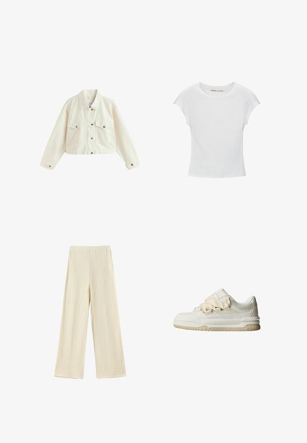 Jachetă din denim alb tăiată, cu o croială cu guler ascuțit, două buzunare pe piept și închidere cu nasturi având accente metalice.; Tricou alb din bumbac cu guler rotund, mâneci scurte și un design ajustat. Textură netedă, fără modele sau embellismente.; Pantaloni cu croi larg, dintr-un material texturat, de culoare crem. Designul prezintă un model tip waffled, cu talie înaltă și picioare de lungime completă.; Tenisuri joase de culoare albă murdară, cu un upper texturat, panouri din plasă și talpă din cauciuc bej contrastant. Prezintă șireturi groase și branding minim.