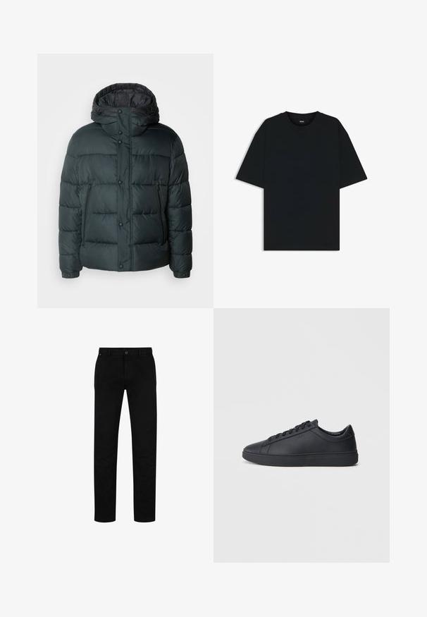 Puffjacka i mörkgrön med hög krage, huva, tryckknappar, fickor med dragkedja och en vadderad design för isolering.; Svart bomullströja med rund hals och korta ärmar. Har en lös passform och en enkel design utan mönster eller accenter.; Svarta bomullsbyxor med rak passform, med knappstängning, bälteshällor och minimalistisk design. Slät textur, utan mönster.; Svarta sneakers i slätt läder med låg design, rund tå och platt gummisula. Har snörning och subtil branding.