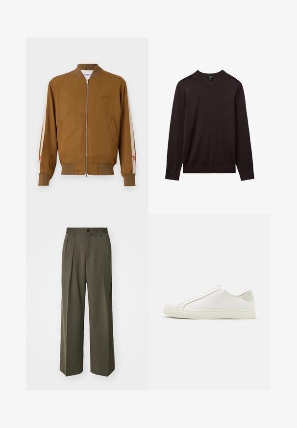Brūns bumbvedēja jaka ar ribotu apakšmalu un piedurknēm, rāvējslēdzēju, sānu kabatām un bēšiem akcenta svītrām ar sarkaniem numura detalizējumiem.; Reiss Džemperis - dark bordeaux; Filippa K WIDE TROUSERS - Auduma bikses - driftwood; Balti ādas sporta apavi ar gludu virsmu, noapaļotu purngala daļu un minimālistisku dizainu. Iezīmējas ar bežām akcentiem uz papēža un gumijas zoli.