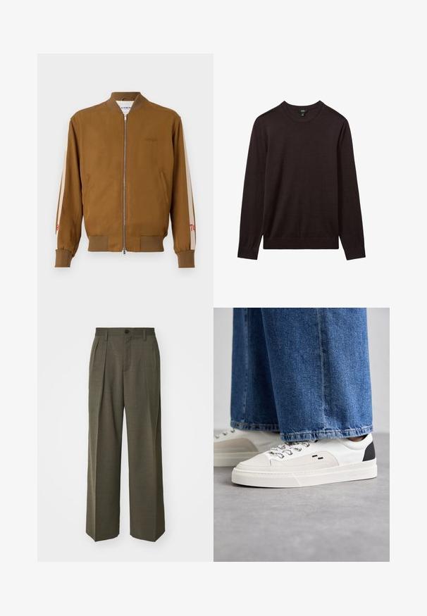 Ruda bombinė striukė su grioveliais apatinėje dalyje ir rankogaliuose, užtrauktuku, šoninėmis kišenėmis ir smėlio spalvos akcentų juostomis su raudonais skaičiaus detalėmis.; Reiss Džemperis - dark bordeaux; Filippa K WIDE TROUSERS - Kelnės - driftwood; Balti ir balti sportbačiai su lygaus odos paviršiumi, tekstūruotais akcentais ir masyviu baltu padu. Turi klasiką primenančią raištelių užsegimo sistemą.