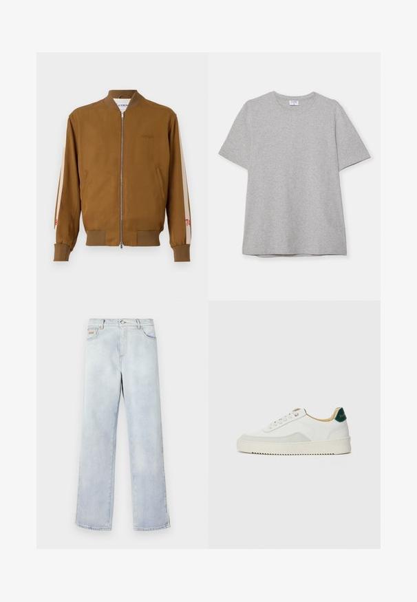 Brown bomber jacket with ribbed hem and cuffs, zip closure, side pockets, and beige accent stripes featuring red number detail.; Gray short-sleeve T-shirt made from soft, textured fabric. Features a classic crew neck and a straight hem, suitable for casual wear.; Light blue denim jeans with a straight leg design, featuring a button closure, five pockets, and contrast stitching.; White sneaker with suede accents, rounded toe, flat laces, and a cream rubber sole. Features green branding on the heel.