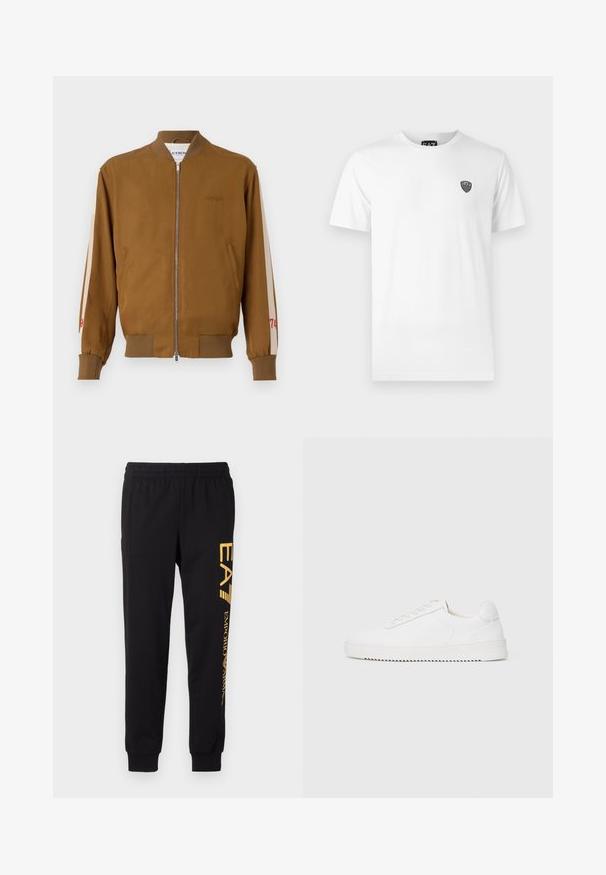 Brun bomberjacka med ribbad fåll och manschetter, dragkedjestängning, sidofickor och beige accentränder med röd sifferdetalj.; Vit bomullströja med korta ärmar, med en liten svart logotyp på vänster bröstområde. Klassisk rundhalsad design.; Svarta träningsoveraller tillverkade av mjukt tyg, med resårmidja och ribbade anklar. Gult märke tryckt vertikalt på vänster ben.; Vit sneaker med en slät läderöverdel, rund tå, snören, strukturerade sidodekorationer och en tjock gummisula. Minimalistisk design.
