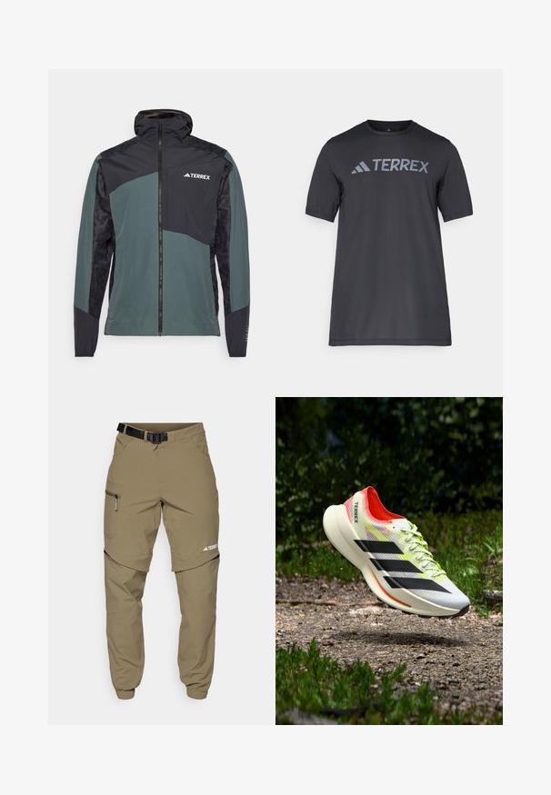 Chaqueta ligera e impermeable en verde oscuro y negro, con cremallera frontal, capucha y un panel con diseño en las mangas. Logo de la marca en el pecho.; Camiseta negra de manga corta hecha de un tejido ligero, con un logotipo en gris claro "TERREX" en el pecho y cuello redondo.; Pantalones de exterior beige con cinturón, bolsillos laterales con cremallera y puños elásticos. Presentan un diseño desmontable para mayor versatilidad y una textura suave.; Zapatilla de running ligera en blanco con rayas negras, detalles en rojo y cordones amarillos; cuenta con una parte superior texturizada y suela acolchada.