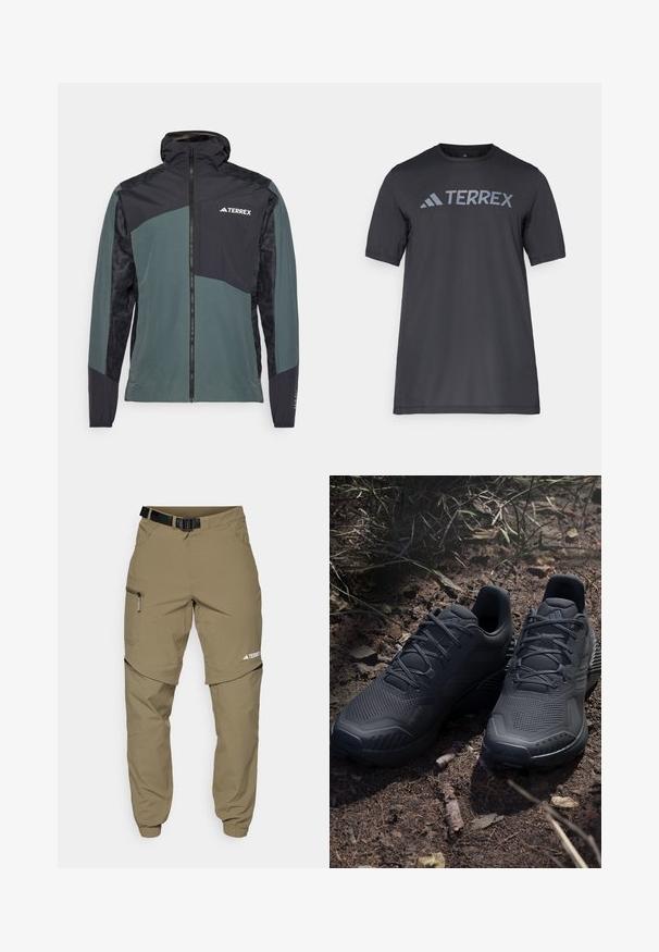 Kevyt, vesitiivis takki tummanvihreänä ja mustana, jossa on vetoketjukiinnitys, huppu ja kuviollinen paneeli hihoissa. Brändilogo rinnassa.; Musta lyhythihainen t-paita kevyestä kankaasta, jossa on vaaleanharmaa "TERREX" -logo rinnassa ja pyöreä kaula-aukko.; Khaki ulkoiluhousut, joissa on säädettävä musta vyö, vetoketjulliset taskut, kapeat¯lahkeet ja irrotettavat alaosat monipuoliseen tyyliin.; Mustat urheilukengät, joissa on teksturoitu neulottu päällinen, vahvistettu kärki ja pehmustettu pohja, aseteltuna maanläheiselle maaperälle, jolla on hajallaan oksia.