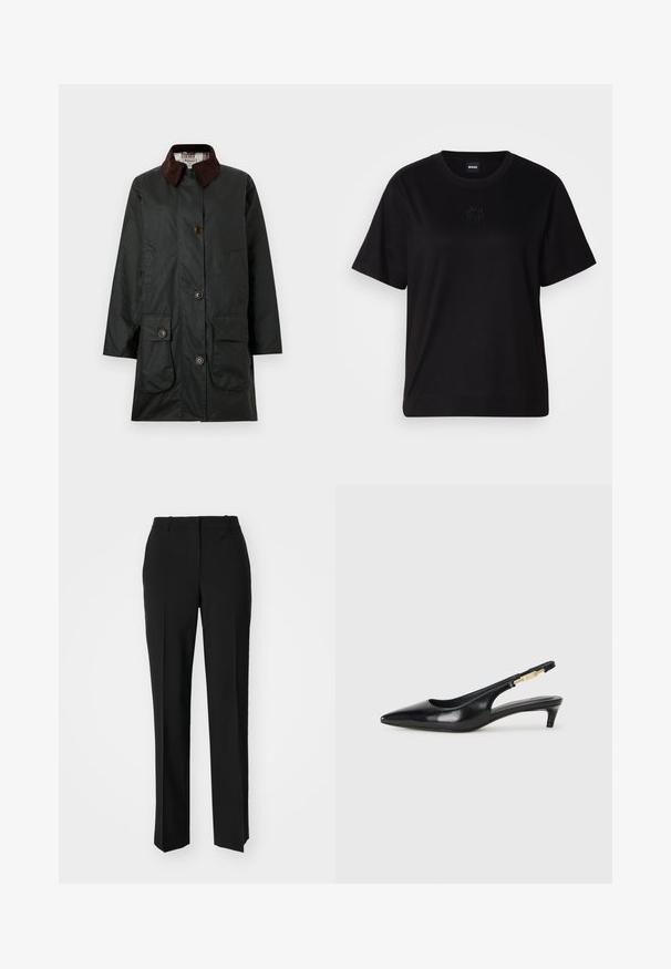 Barbour THE EDIT BY ALEXA - Parca - sage; T-shirt de algodão preto com decote redondo, mangas curtas e um logótipo bordado no peito. Corte simples e descontraído, sem padrões.; Calças pretas de corte ajustado com um design de perna reta, apresentando uma textura lisa e pregas bem definidas na frente. Sem hardware visível.; Saltos slingback em couro preto com bico fino, apresentando um salto esguio e um detalhe em tom dourado na alça ajustável. Textura suave.