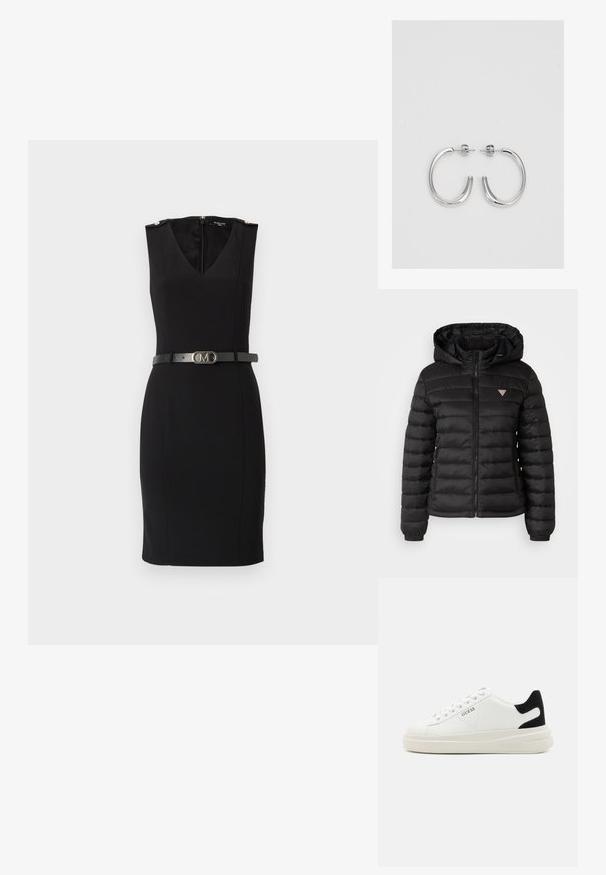 Black puffer jacket with a hood, zip closure, quilted design, and elastic cuffs. Features a small logo on the chest and side pockets.; Black fitted dress with a V-neck, sleeveless design, featuring gold shoulder accents and a cinched black belt with a metallic buckle.; White leather sneakers with a thick white sole, black suede heel accent, and embossed logo on the side. Laced design with six eyelets.; Silver hoop earrings with a smooth, shiny surface, featuring a curved shape and post-back closure. Minimalist design with a modern finish.