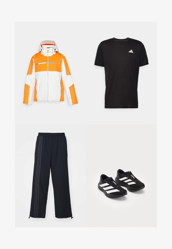 Spyder TITAN JACKET - Skijacke - orange shock; Schwarzes Baumwoll-T-Shirt mit kurzen Ärmeln, Rundhalsausschnitt und einem weißen Logo auf der linken Brust. Glatte Textur und einfaches Design.; Schwarze Fleece-Hosen mit einem elastischen Bund, die drei dunkelgraue vertikale Streifen an den Seiten und verstellbare Knöchelbindungen haben.; Ein Paar schwarze Adidas Adizero Laufschuhe mit weißen Streifen und Schnürsenkeln auf weißem Hintergrund, nebeneinander positioniert.
