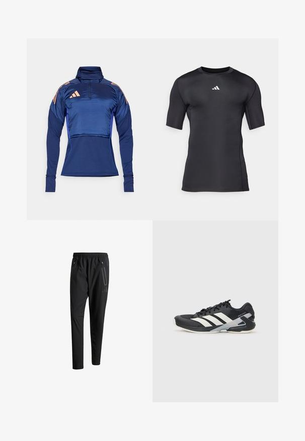 Pullover atlético azul marinho com colarinho alto, fecho de zíper de um quarto e mangas longas. Apresenta um material leve e riscas de destaque em rosa nos ombros.; Camisa desportiva preta de manga curta feita de um tecido liso e elástico. Apresenta um logo branco no peito e costuras planas para maior conforto.; Calças de treino pretas com uma cintura elástica, dois bolsos laterais com fecho, pernas ajustadas e um discreto detalhe de logotipo no quadril.; Sapata atlética preta com riscas brancas, parte superior em malha, biqueira arredondada e sola acolchoada. Apresenta um calcanhar texturizado e um sistema de atacadores seguro.