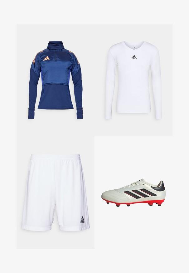 Pullover atletico blu navy con colletto alto, zip a quarto e maniche lunghe. Caratterizzato da un materiale leggero e strisce rosa sui lati delle spalle.; Maglietta atletica bianca a maniche lunghe realizzata in materiale morbido con logo Adidas nero sul petto; design a V e forma aderente.; Pantaloni sportivi bianchi con vita elastica, realizzati in un tessuto liscio. Presentano un logo Adidas nero sul lato sinistro in basso.; Scarpa da calcio bianca con accenti neri e suola rossa. Presenta tre strisce nere sul lato e una tomaia liscia e testurizzata.