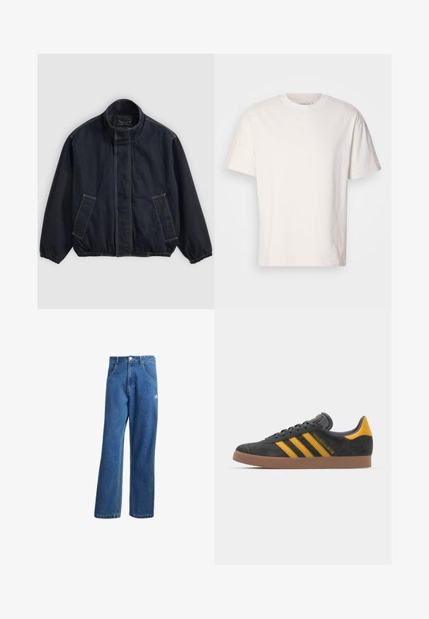 Mørkeblå jakke med ståkrage, elastiske ermer og to frontlommer. Synlige sømdetaljer og en avslappet, litt overdimensjonert passform.; Kremfarget bomulls t-skjorte med rund hals. Korte ermer og avslappet passform. Har en liten logo på halslinningen. Glatt tekstur.; Blå høyhalsede vide denimjeans med frontlommer, belteholdere, knappelukking og liten Adidas-logo på høyre lår.; Sort skinnesko i svart semsket skinn med gule detaljer, med tre striper og en brun gummisåle. Inkluderer en polstret tunge for komfort.