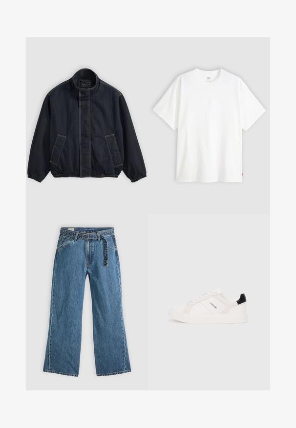 Veste bleu foncé avec un col montant, des poignets élastiques et deux poches avant. Détails de couture visibles et une coupe décontractée légèrement surdimensionnée.; T-shirt blanc à manches courtes en coton avec col rond. Présente un détail de logo en relief discret à l'avant et une étiquette rouge à l'ourlet.; Jeans bleu en denim à jambes larges avec une ceinture attachée, poches avant et couture visible sur un fond clair.; Baskets blanches avec des accents rose clair et noirs, featuring des panneaux en cuir lisse et en daim, bout rond et semelle plate en caoutchouc.