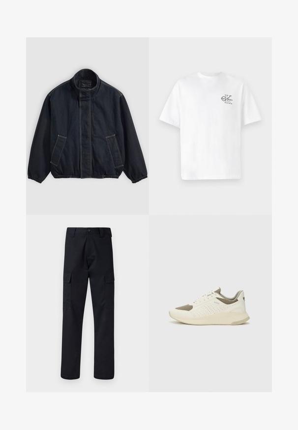 Veste bleu foncé avec un col montant, des poignets élastiques et deux poches avant. Détails de couture visibles et une coupe décontractée légèrement surdimensionnée.; T-shirt en coton blanc à manches courtes, col rond, avec un logo CK noir sur la partie gauche de la poitrine, coupe standard, texture lisse.; Pantalons cargo noirs en tissu résistant, avec une coupe droite, deux poches latérales et une fermeture à bouton à la taille.; Basket de sport blanche et beige clair, avec une tige en maille, des détails perforés et une semelle intermédiaire texturée avec un logo sur le talon.