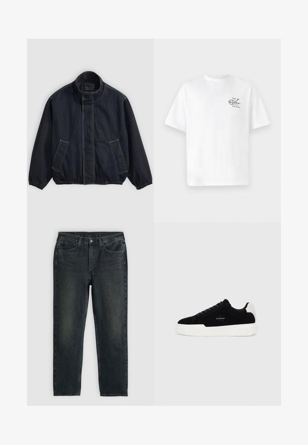 Dunkelblauer Jacke mit Stehkragen, elastischen Bündchen und zwei Fronttaschen. Sichtbare Nähte und eine entspannte, leicht übergroße Passform.; Weißes Baumwoll-T-Shirt mit kurzen Ärmeln, Rundhalsausschnitt, mit einem schwarzen CK-Logo im linken Brustbereich, normale Passform, glatte Textur.; Dunkelblaue Jeans aus Denim mit geradem Bein, fünf Taschen, Reißverschluss und kontrastierenden Nähten. Dezente Ausbleichungen im Stoff.; Schwarze Low-Top-Sneaker mit weißer Sohle und Fersenkappe, Schnürung vorne und Calvin Klein-Logo an der Seite.