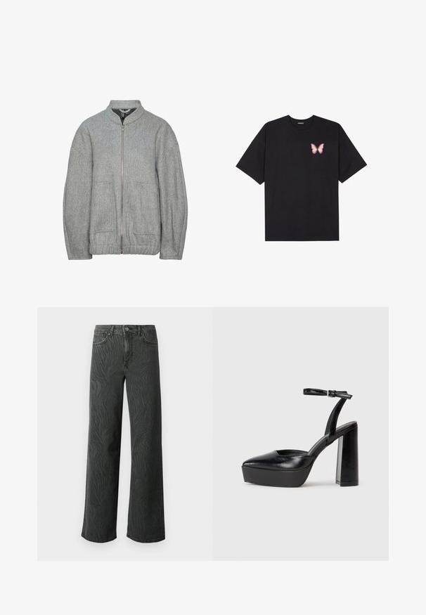 Grijze wolmix jas met een hoge kraag, een ritssluiting aan de voorkant, twee zijzakken en ribbelstructuur. Casual pasvorm met elastische zoom.; Zwarte katoenen t-shirt met korte mouwen, voorzien van een kleine roze vlinder graphic op de linkerkant van de borst. Crew neck ontwerp met een relaxte fit.; Brede pijpen jeans in donkergrijs denim, met een subtiele zebra-structuur, contrasterende stiksels en een vijf-pocket ontwerp met een knoopsluiting.; Zwarte plateauhakken met een puntige neus en verstelbare enkelband. Gemaakt van soepel leer, met een robuuste blokhak.