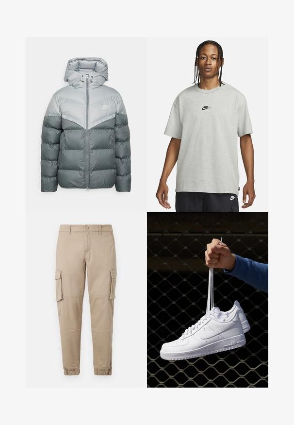 Casaco puffer cinza com capuz, apresentando uma secção superior cinza mais clara, fecho de zip e bolsos laterais. Logotipo da Nike no peito.; Pessoa jovem com cabelo trançado a usar uma camiseta Nike cinza claro e calções Nike pretos em fundo branco liso.; Calças cargo bege em um material de algodão leve. Apresenta punhos elásticos, múltiplos bolsos laterais e um fecho de botão.; Sapatilhas de couro branco com perfurações, biqueira redonda, sola plana e atacadores grossos, apresentando um logotipo swoosh visível e "AIR" no calcanhar.