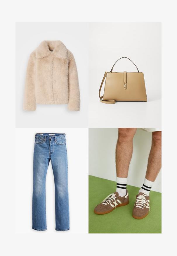 Short faux fur jacket in light beige with a short collar and front seam detail. Soft texture with long, fluffy fibers and full-length sleeves.; Brown cotton t-shirt with short raglan sleeves, a round neckline, and a loose fit, featuring a solid color without patterns or accents.; Blue denim jeans with a straight leg design, feature a high waist, classic five-pocket styling, and distinct fading on the thighs.; Brown suede sneakers with white accents and laces. Rubber gum sole. Worn with white socks featuring black stripes. Green textured flooring.; Tommy Hilfiger LIBRE SATCHEL - Handbag - safari