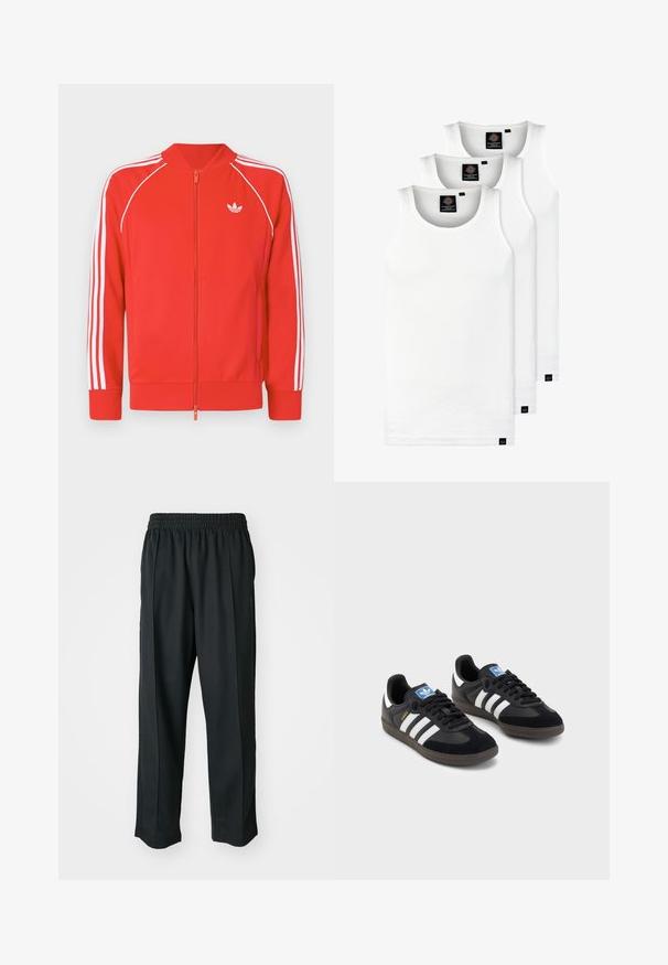 Raudonas užsegamas sportinis švarkas su trimis baltomis juostelėmis ant rankovių ir baltu Adidas trefoil logotipu kairėje krūtinės pusėje.; Trys balti, dryžuoti marškiniai be rankovių, pagaminti iš medvilnės. Yra apvalus kaklas ir maži juodi etiketės netoli siūlės. Siūlomi įvairių dydžių.; Juodi sportiniai kelnių modeliai su elastinga juosmena, pagaminti iš šiurkščios medžiagos, su subtiliomis šoninėmis siūlėmis ir laisva, tiesia koja.; Juodi sportiniai bateliai su zomšos ir sintetine viršutine dalimi, turintys tris baltas juosteles, tekstūruotą gumos pado paviršių ir mėlyną logotipo etiketę ant liežuvėlio.