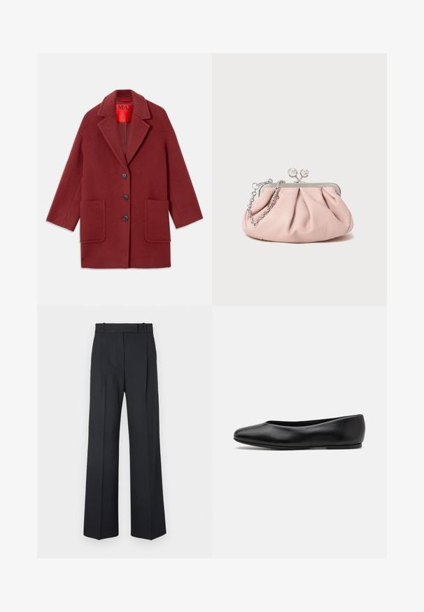 Cappotto in misto lana bordeaux con colletto a revers, tre bottoni neri e due tasche frontali. Foderato in rosso. Vestibilità comoda e lunghezza al ginocchio.; Maglione nero lavorato a maglia con maniche lunghe, scollo a girocollo e un piccolo cuore bianco sul petto. Tessuto morbido con polsini e orlo a coste.; Pantaloni a righe blu scuro con vita alta, design a gamba larga e senza hardware o decorazioni visibili. Tessuto liscio e vestibilità sartoriale.; Paul Smith TOPANGA - Ballerine - black; Borsa a mano in pelle rosa con design arricciato, telaio in metallo, due chiusure rotonde e tracolla in catena argentata. Texture liscia, forma compatta.