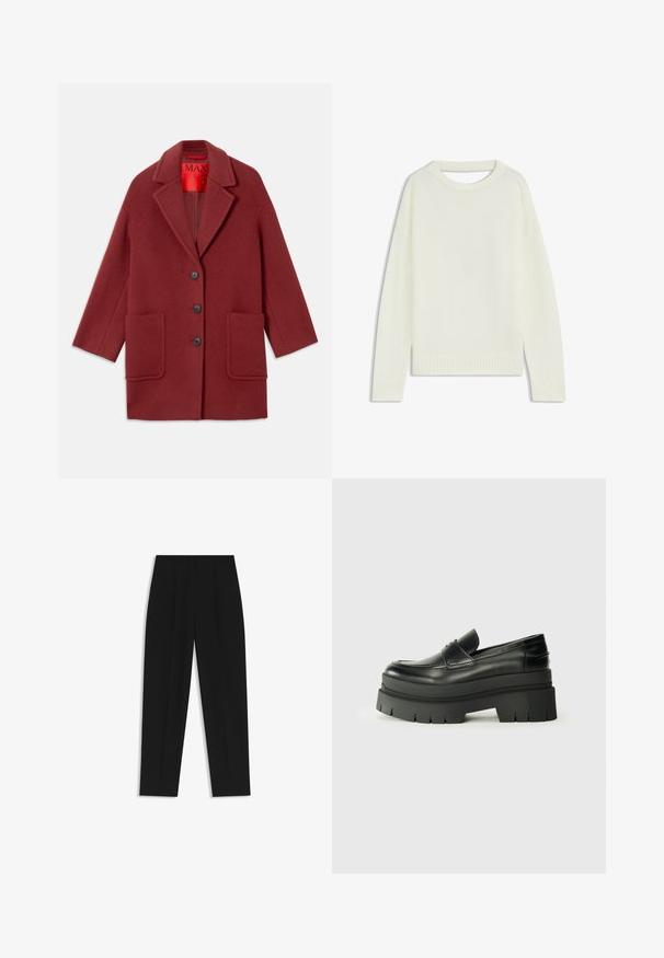 Cappotto in misto lana bordeaux con colletto a revers, tre bottoni neri e due tasche frontali. Foderato in rosso. Vestibilità comoda e lunghezza al ginocchio.; Maglione color crema chiaro con collo tondo, maniche lunghe, orlo a costine e una consistenza morbida. Nessun motivo o dettagli hardware visibili.; Pantaloni neri a taglio dritto, con doppie pieghe, una texture liscia e un design classico in vita. Nessun hardware o dettaglio visibile.; Mocassini neri in pelle con suola piatta spessa. Punta arrotondata, dettaglio della cucitura frontale e accenti di cucitura sottili. Suola piatta e testurizzata.