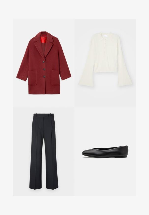 Burgundy wool blend coat with a notched collar, three black buttons, and two front pockets. Lined in red. Relaxed fit and knee-length.; Ribbed, cream-colored polo shirt with long, flare sleeves and five button placket. Features a collar with a soft texture.; Dark blue pinstriped trousers with a high waist, wide leg design, and no visible hardware or embellishments. Smooth texture and tailored fit.; Paul Smith TOPANGA - Ballet pumps - black