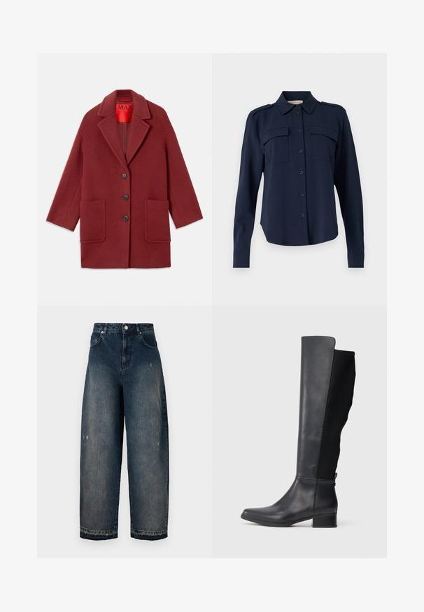 Cămașă din lână bordeaux, cu guler ascuțit, trei butoane negre și două buzunare frontale. Captușită în roșu. Croi lejer și lungime până la genunchi.; Cămașă albastră închis, cu nasturi, realizată dintr-un material moale. Dispune de două buzunare la piept, epoleți pe umeri și mâneci lungi cu manșete cu nasture.; Jeans din denim închise la culoare, cu picioare largi și talie înaltă, cinci buzunare, cusături vizibile și ușoare uzuri pe față. Închidere clasică cu buton și fermoar.; Cizme înalte din piele neagră și material textil, cu toc mic și rotund, prezentate din profil lateral pe un fundal alb.
