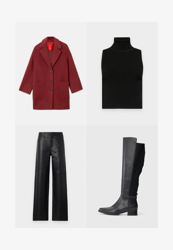 Burgundská vlna směsový kabát s klopovým límcem, třemi černými knoflíky a dvěma předními kapsami. Podšitý červenou látkou. Uvolněný střih a délka po kolena.; Černý bezrukávový rolák s žebrovanou strukturou a přiléhavým designem. Hladká tkanina s vysokým krkem a bez dalších ozdob.; Široké černé kožené kalhoty s hladkou texturou, s předními kapsami, zapínáním na knoflík a jemnými švy.; Vysoká černá kožená a textilní bota s nízkým blokovým podpatkem a zaoblenou špičkou, zobrazena z bočního profilu na bílém pozadí.