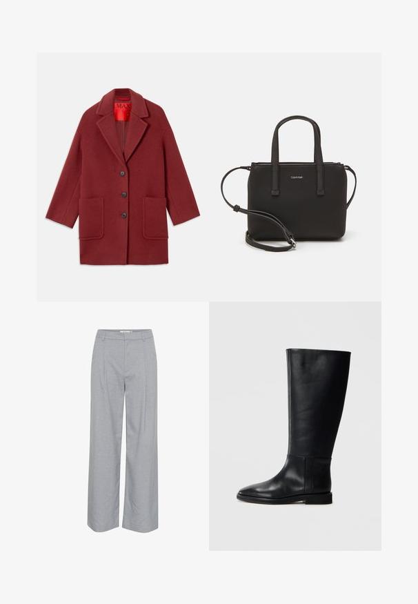 Burgundia villasegusmantel, millel on servi krae, kolm musta nuppu ja kaks eeskülge taskut. Sisemine vooder on punane. Loodud vabaks istuvuseks ja põlveni ulatuv.; Lühikeste varrukatega, ümmarguse kaelusega pehme ja paks materjalist kampsun heles valges. Omab lõdva lõiget koos soonikkoes mansettide ja alläärega.; Heledhallide, laiad püksid siledast kangast, millel on ees voldid ja lame vöökoht. Minimalistlik disain, ei mingeid nähtavaid kinnitusi.; Mustadast mustad nahast põlve kõrgus kingad, ümarate varvastega, siledast tekstuurist, minimalistlikus disainis ja lame tallaga. Lihtsad õmbluse detailid varrel.; Musthave mustrans vöö ja eemaldatav õlarihm. Gludike nahk siledaga, millel on tõmblukk ja logo detail.